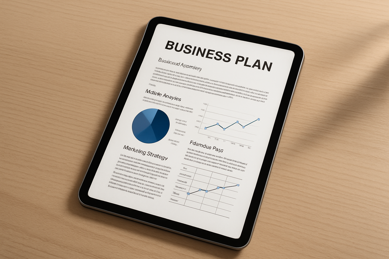 ipad mit businessplan in draufsicht auf tisch